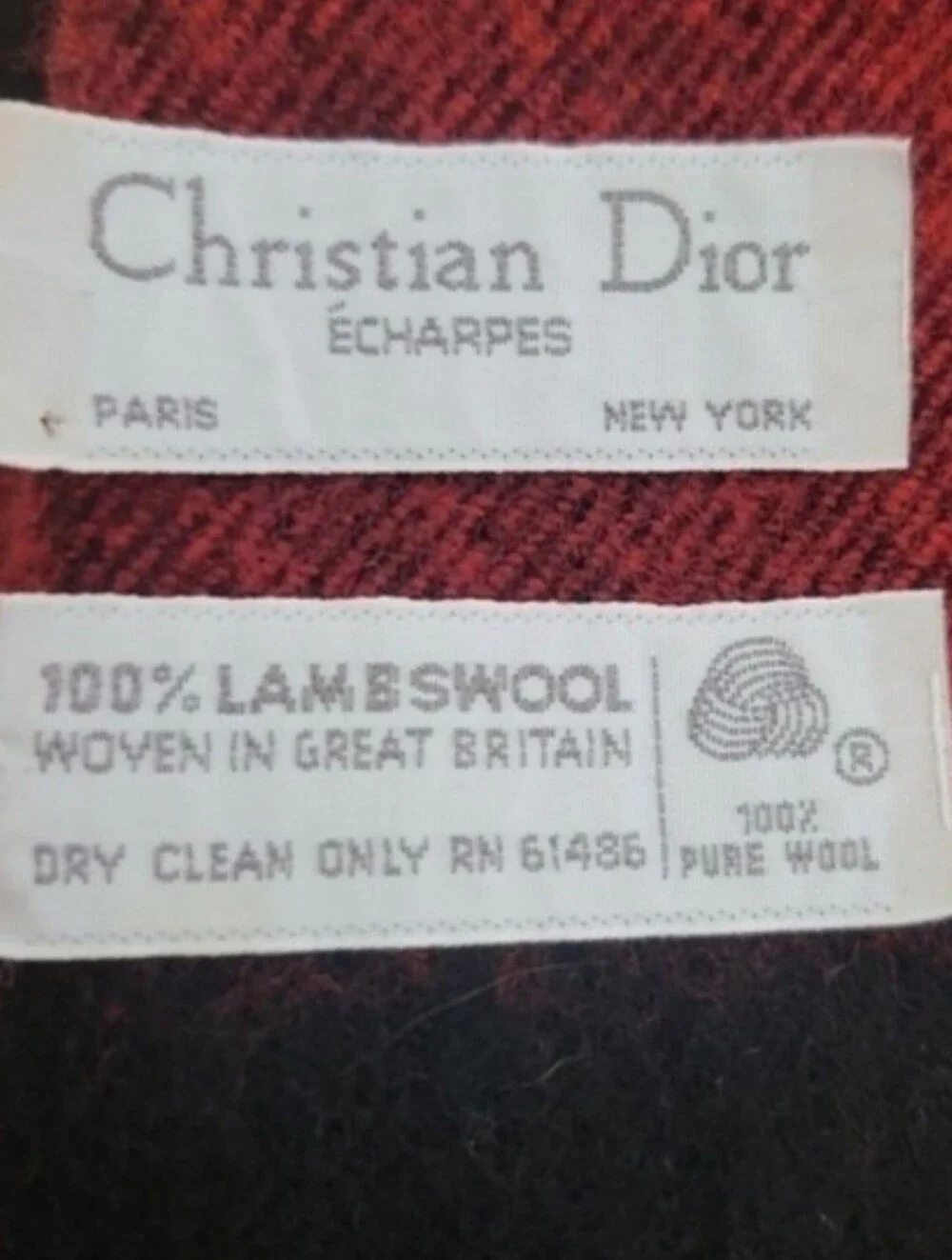 Vintage Christian Dior Lambswool Checked Scarf Red Black Plaid Great Britain